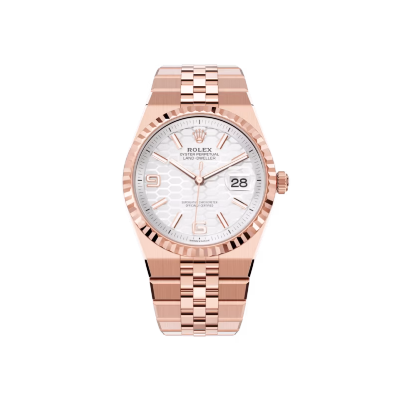 Rolex Land-Dweller 36 M127235-0001 Everose Gold White Lacquer Dial Roman Numerals Jubilee Bracelet